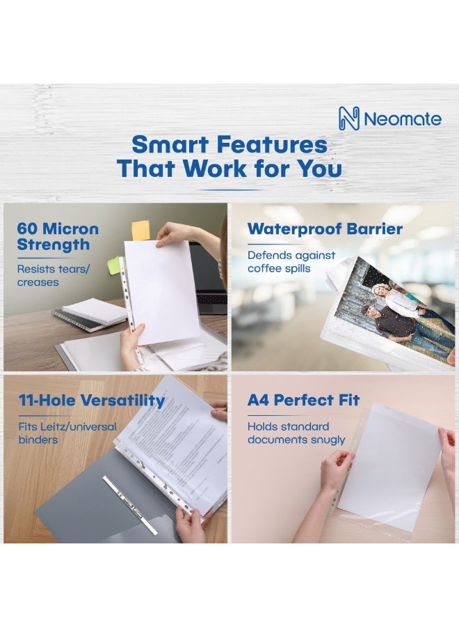 Neomate 60 Micron Document Sleeves | 50 Pcs A4 Transparent Sheet Protectors with 11-Hole Punched for Ring Files | Waterproof Clear Sleeves for Certificates & Documents - Image 3